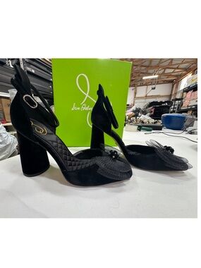 Sam Edelman Black Velvet Block Heel Pumps with Decorative Bow 9.5